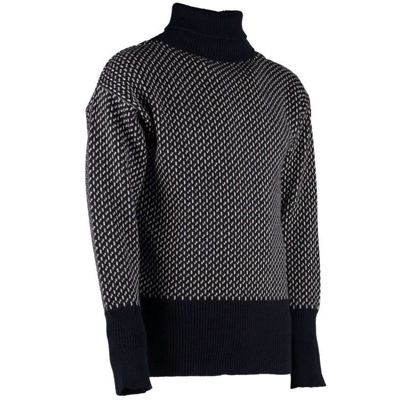 41021 - Classic Seaman's High Shawl Collar Norwegian Patterned Sweater - Navy/Ecru