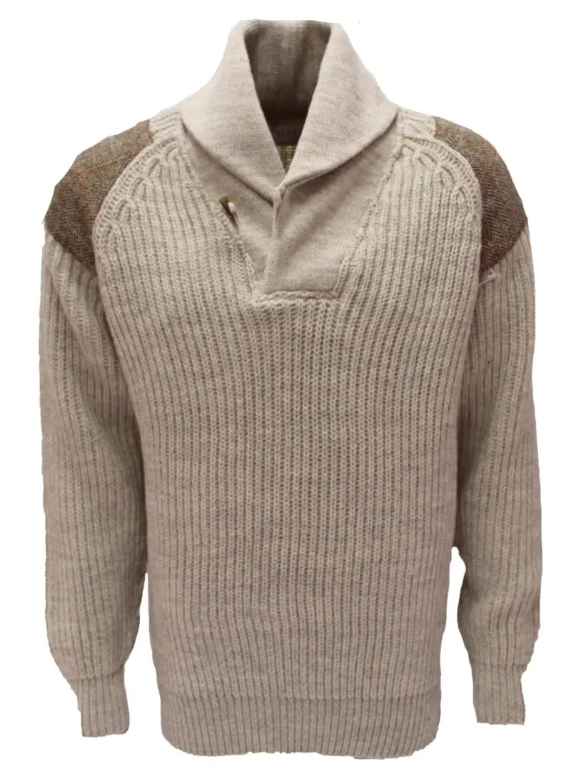 Byreman - Chunky knit Shawl Collar Sweater with Harris Tweed patches