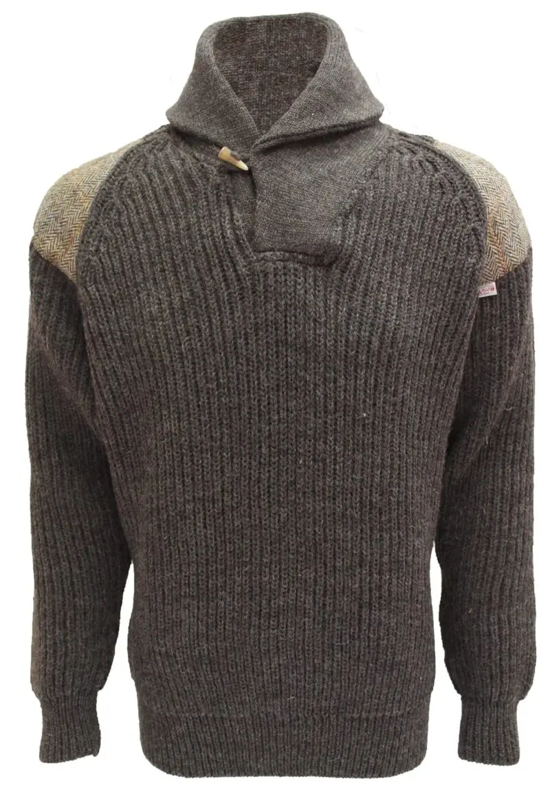 Byreman - Chunky knit Shawl Collar Sweater with Harris Tweed patches