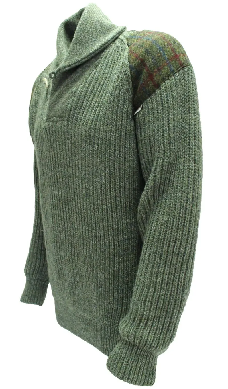 Byreman - Chunky knit Shawl Collar Sweater with Harris Tweed patches