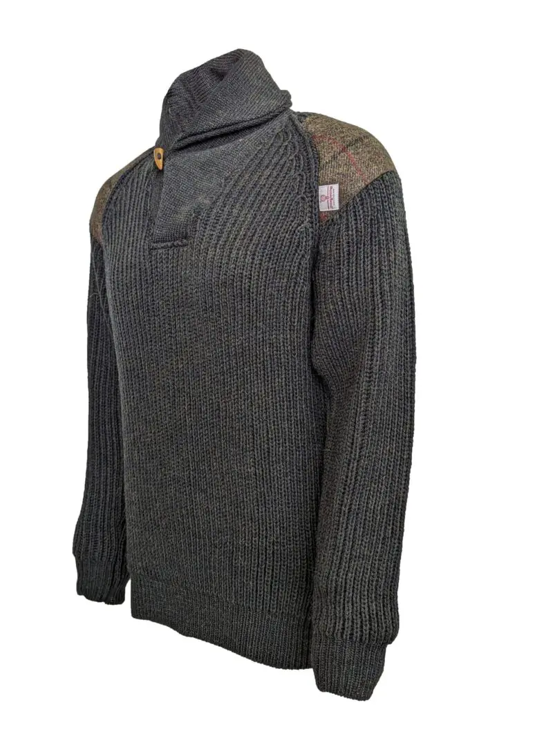 Byreman - Chunky knit Shawl Collar Sweater with Harris Tweed patches